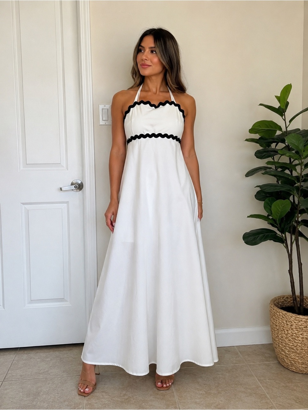 Elegant White and Black Halter Dress